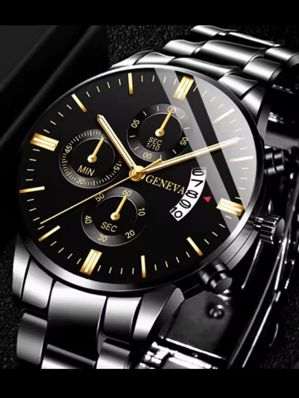 Men's Watch Stainless Steel Black Geneva New Jewelry G26